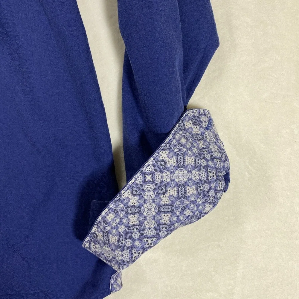 Robert Graham Shirt Mens‎ L Blue Jacquard Classic Fit Contrast Cuffs Floral Trim